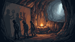 A cave interior in pixel art: three chained figures face a rock wall on the left,
              their shadows thrown across it larger than they are. A fire burns on a low platform
              behind them, and at the right the cave opens onto cold daylight.